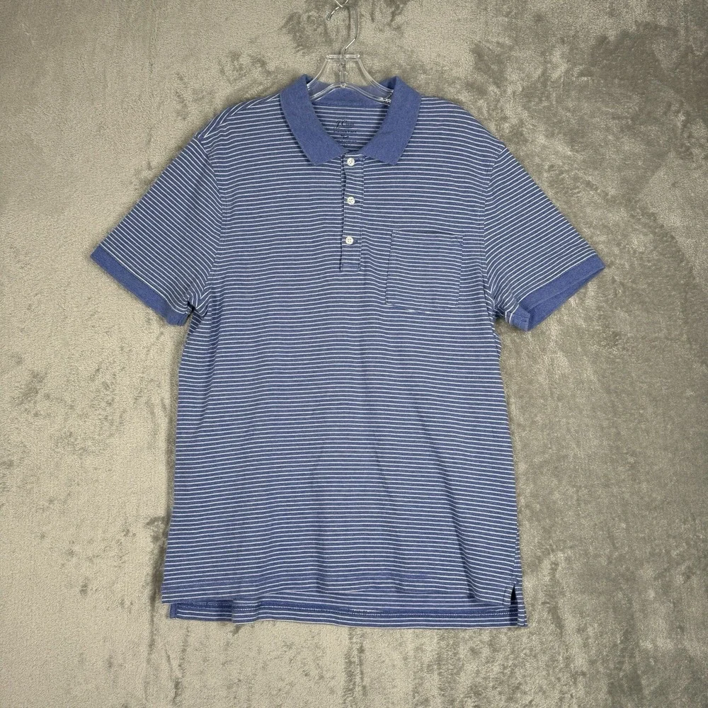 J.Crew Polo Shirt Mens Large Blue Striped Stretch Pique Pocket Short Sleeve‎ Top